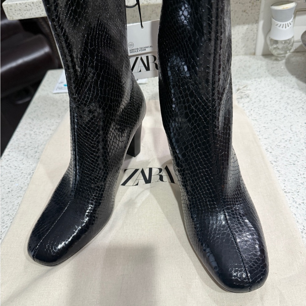 Zara Glossy Black Snakeskin Heeled Boots
